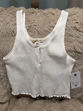 Billabong White Ribbed Cropped Tank with Lettuce Hem